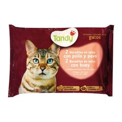 Comida h&uacute;meda para gato adulto bocaditos con pollo y buey TANDY 4x100g