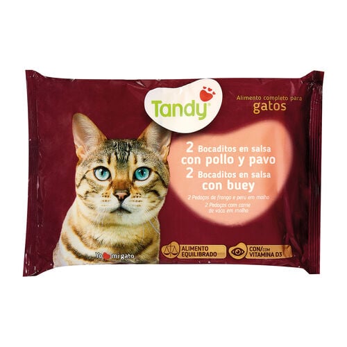 Comida h&uacute;meda para gato adulto bocaditos con pollo y buey TANDY 4x100g image number
