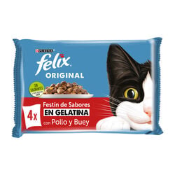 Comida h&uacute;meda para gato adulto en gelatina con pollo y buey FELIX 4x85g