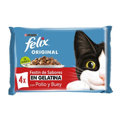 Comida h&uacute;meda para gato adulto en gelatina con pollo y buey FELIX 4x85g image number