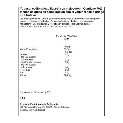 YOGUR GRIEGO CON MELOCOTON CENTRAL LECHERA ASTURIANA 4X125g image number