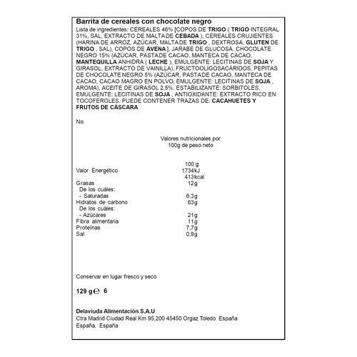 Barritas de cereales con trigo Integral y chocolate negro ALTEZA 6uds 129g image number