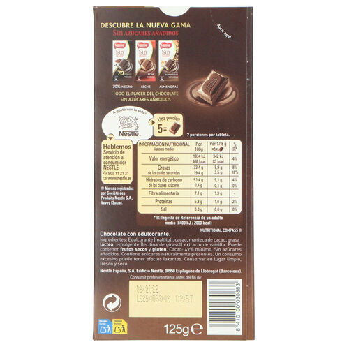 CHOCOLATE NEGRO NESTLE SIN AZUCAR 115g image number